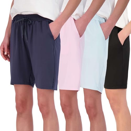 Real Essentials Womens Dry Fit 7 Inch Inseam Athletic Casual Lounge Fitness Gym Training Long Shorts High Waisted Running Bermuda Short Pockets Ladies Workout Bottoms Active, Set 6, M, Pack of 4