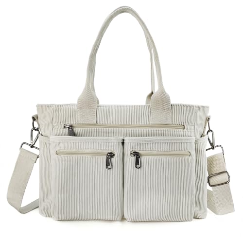 Womens Casual Corduroy Tote Bags with Multiple Pockets Fashion Hobo Crossbody Bag Travel Shoulder Bags Cute Purse Handbag (White)