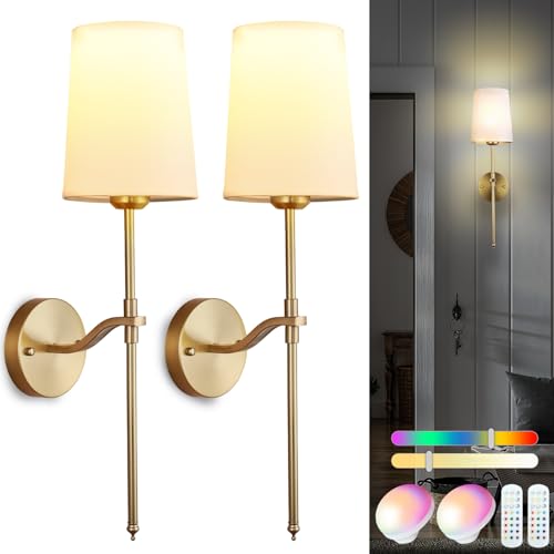 Troconce Wall Lights Battery Operated Wall Sconces Set of 2, Gold Rechargeable Wall Sconce with 15 RGB Dimmable Detachable Bulbs and Remote, Wireless Battery Powered Wall Lamp for Living Room Bedroom