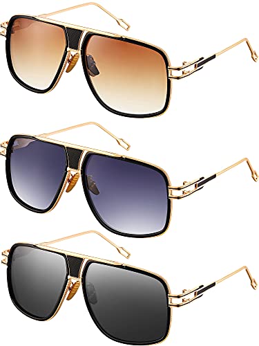 Frienda 3 Pairs Sunglasses for Men Retro Men Shades Glasses Fashion Metal Gold Frame Oversized Sun Glasses(Gray/gradient Gray/gradient Brown)
