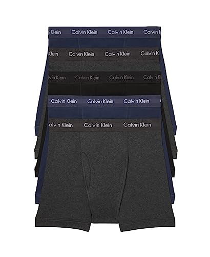 Calvin Klein Men's Cotton Classics 5-pack Boxer Brief, 2 Blue Shadow Body W/Blue Shadow Waistband, 2 Charcoal Heather Body W/Charcoal Heather Waistband, 1 Black Body W/Black Waistband, Medium