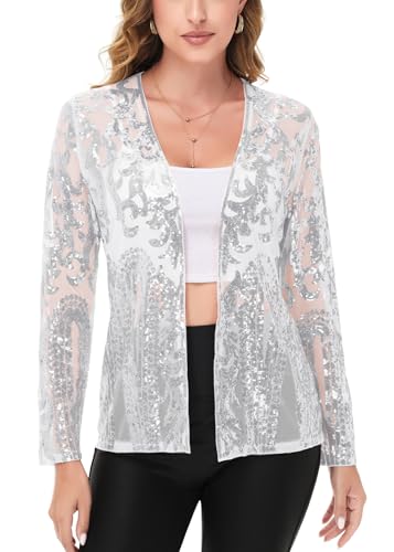 Anna-Kaci Women's Sparkly Sequin Cardigan Long Sleeve Open Front Glitter Party Evening Jacket, Silver, Large