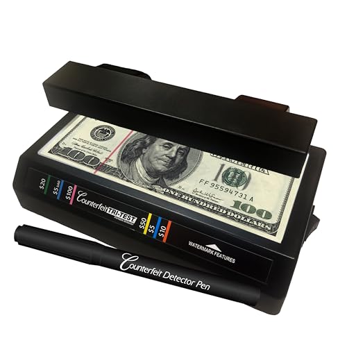 Dri Mark Tri Test - Counterfeit Bill Detector Machine w/AC Adapter - 3 Tests in 1 - Paper, Security Strip and Watermark Tests, Accurate Money Tester Machine with Counterfeit Detection Pen