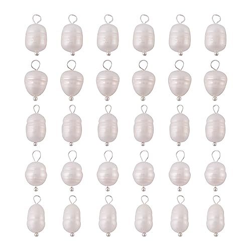 Pandahall 50Pcs Silver Freshwater Pearl Charms Natural Pearl Pendant Connectors Rice Shaped Freshwater Pearl Charms Links with Loop for Women Earring Necklace Jewelry Making