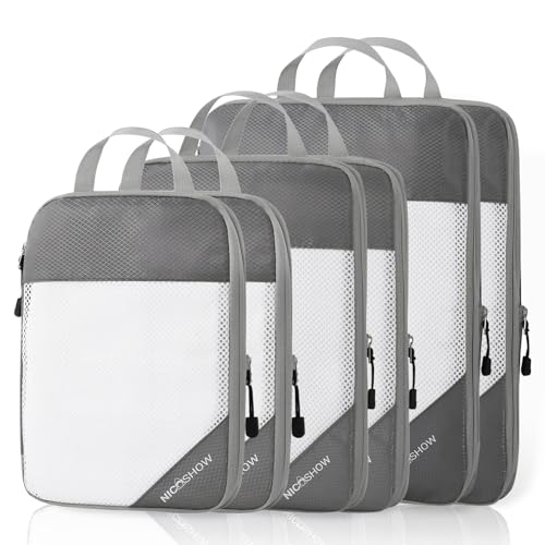 NICOSHOW 6 Set Compression Packing Cubes, Packing Cubes for Travel Compression, Compressible Packing Cubes Travel Essentials, Packing Organizers for Carry-on Luggage Suitcase, Grey