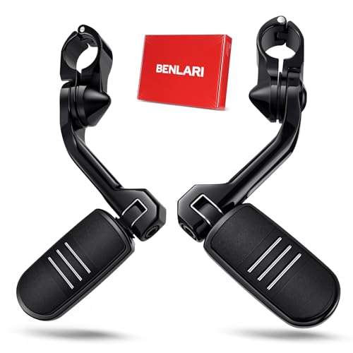 Benlari Highway Pegs 1in 1-1/4in Highway Footpegs 304 Stainless Steel Long Angled Adjustable Fit for Harley Touring Street Glide Softail Dyna Sportster fits 1.25'' 32mm Engine Guard (Black)