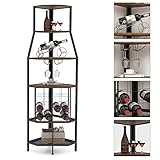 Espelism 5-Tier Corner Wine Rack Floorstanding with Glass Holder and Bottles Wine Storage Home Bar Furniture for Home Kitchen Dining Room Industrial Metal and Wooden Corner Shelf