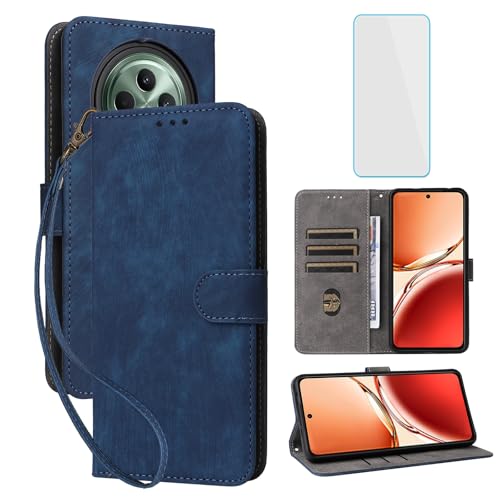 IUQXU for Oppo Reno12 FS 5G/Oppo Reno12 F 5G Wallet Phone Case with Screen Protector [RFID Blocking] Leather Flip Card Holder Women Men Cell Phone Case for Oppo Reno 12 F FS 12F 12FS 5G Blue