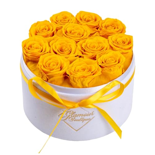 GLAMOUR BOUTIQUE Flower Forever Gift Box 12 Real Preserved Roses in Round Velvet White Box, Handmade, Rose Petals, Birthday, Marriage, Anniversary, Graduation - Yellow