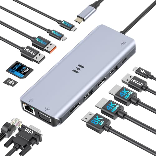 USB C Docking Station 4 Monitors,13 in 1 Laptop Docking Station 3 Monitors with Dual HDMI,8K DP,VGA,10Gbps USB A/C Data Transfer, PD Charging,USB C Hub Multiport Adapter for Windows/Mac OS Laptop