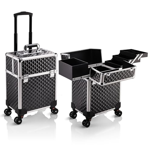 Stagiant Rolling Makeup Train Case Cosmetology Case on Wheels Travel Cosmetic Suitcase Trolley Makeup Luggage Storage Box 4 Tray with Lock Middle Layer Salon Nail Tech Cart Traveling Tattoo Case Black