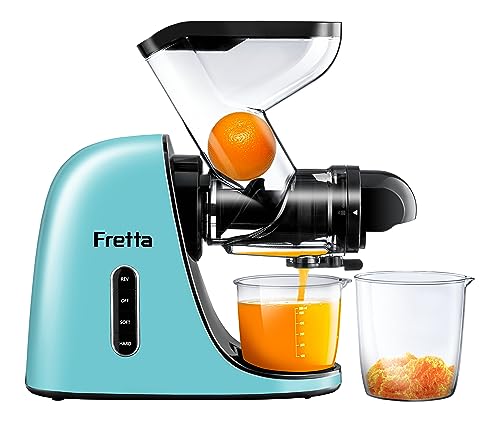 Masticating Slow Juicers, Fretta Wide Feeding Chute Cold Press Juicer, BPA-Free, Celery Juicer Extractor with Quite DC Motor & Reverse Function, 2 Speed, 200W(Light blue)
