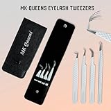 MK Queens Lash Tweezers - Stainless Steel Fiber Tip Eyelash Tweezers (Set of 4) - Diamond Grip Professional Lash Tweezers for Eyelash Extensions (White)