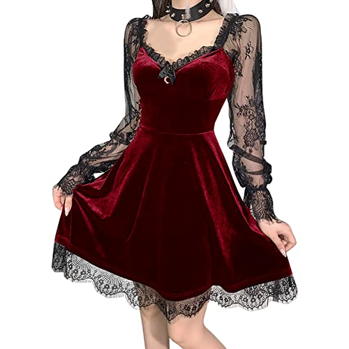 IKADEX Pastel Goth Dress for Women Lolita Dress Vintage Lace Long Sleeve Velvet Dresses Casual Party #A: Wine Red S