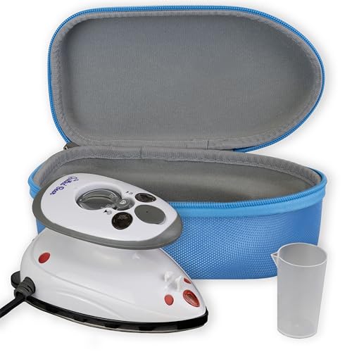 The Quilted Bear Mini Iron - Lightweight Mini Steam Iron with Ceramic Sole Base Plate & Temperature Gauge for Quilting, Crafts or use as a Travel Steamer (Blue Case)
