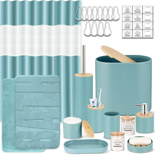 IMAVO Blue Bathroom Set,26Pcs Bathroom Accessories Set with PVEA Shower Curtain,Rugs,Trash Can,Tray,Soap Dispenser,Soap Dish,Toothbrush Holder,Toothbrush Cup,Toilet Brush Holder and Qtip Holders