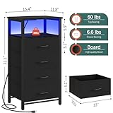 Yoobure Night Stand - Small Dresser for Bedroom, LED Black Nightstand with Charging Station, Bedside Table with 4 Fabric Drawers and Open Shelf, Vertical Dressers with USB Ports and Outlets