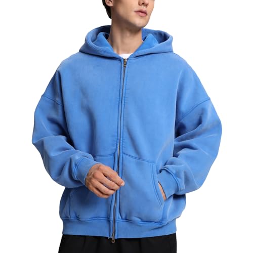 FAIABLE Mens Womens Double Zip Up Hoodie Oversized Acid Wash Hoodies Heavyweight Fleece Cotton Zipper Hoodie Vintage Y2k Full Zipup Hoodie Couples Streetwear Bright Blue