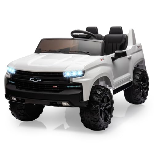 Jojoka Baby Car 24V 2-Seater Truck Licensed Chevrolet Silverado Ride On Toy w/Parent Remote Control,4xSpring Suspension, Wireless Music, Electric Vehicle Car for Kids Ages 3-8,White