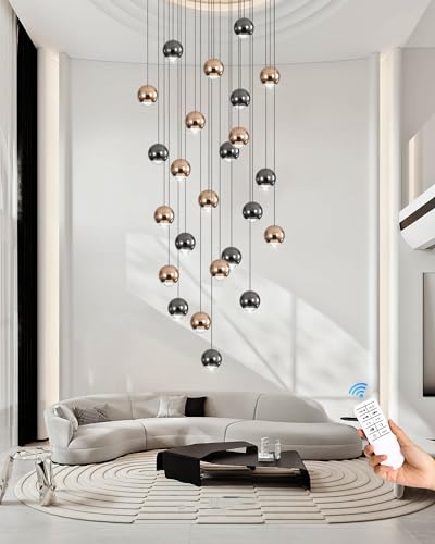 ykolupty LED Staircase Chandelier Crystal Ceiling Lights Large Chandeliers for High Ceilings, Entryway Modern Lighting Fixture Villas and Stairs 24 Lights Black and Gold Dimmable 2700k-6000k