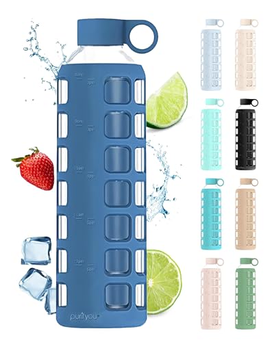 purifyou Premium 40/32 / 22/12 oz Glass Water Bottles with Times to Drink and Volume, Silicone Sleeve & Stainless Steel Lid Insert, Reusable for Fridge Water, Fruit Juice (32oz Chinese Porcelain)
