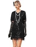 PrettyGuide Women's V Neck Flapper Dress Long Fringed Sequin 1920 Dresses with Sleeves Art Deco Cocktail Dress US14 Black