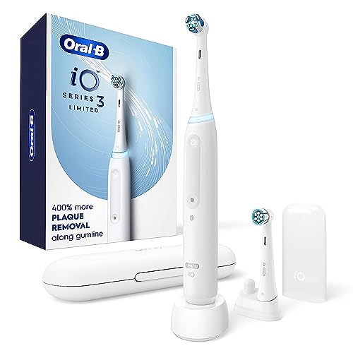 Oral-B iO Deep Clean Rechargeable Electric Powered Toothbrush, White with iO Series 3 Limited, 2 Brush Heads and Travel Case - Pressure Sensor to Protect Gums - 3 Cleaning Settings - 2 Minute Timer