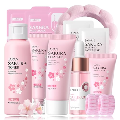 Sakura Skincare Kit - Teenage Skin Care Set 11PCS - Japanese Skin Care Set for Teen Girls - Hydrating Skin Care Routine Kit for Women - Nourishing Skincare Gift Set with Serum,Toner,Cream,Eye Serum