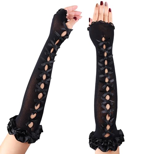RAINBOW WSK Mesh Lace Fingerless Gloves Y2k Lolita Ruffles Lace Long Arm Sleeves Goth Bow Lace Arm Warmer Elbow Fairy Gloves for Wedding Bridal Prom Party Costume Accessories XT1012-Black