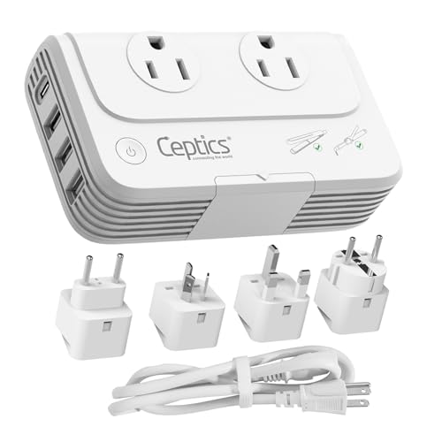 Ceptics 200W 220v to 110v converter, Step Down Voltage Converter for Curling Iron, Straightener, Charger, Travel Adapter and Voltage Converter, 3 USB-A, USB-C PD 18W, Type C, E/F, G, I, Plugs included