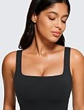 CRZ YOGA Butterluxe Womens Square Neck Longline Sports Bra - Workout Crop Tank Tops Padded Yoga Camisole with Built in Pads Black Medium