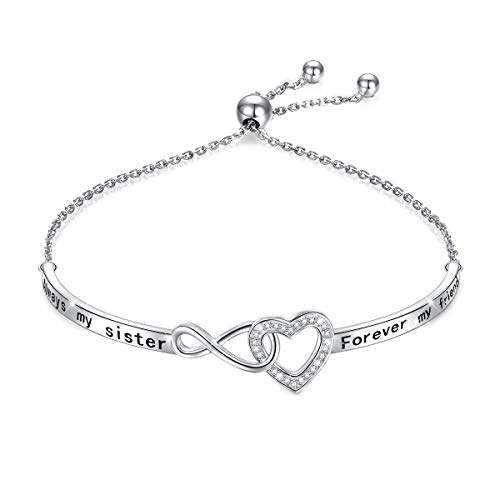 YinShan 925 Sterling Silver Heart Infinity Inspirational Bracelet Engraved Always My Sister, Forever My Friend Adjustable Sisters Bracelets Friendship Jewelry for Women