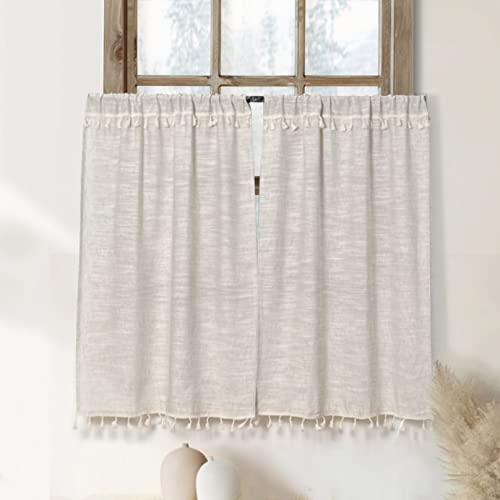 Boho Tassel Kitchen Curtains 36 Inch Length Modern Farmhouse Cotton Linen Short Cafe Curtains for Bathroom Small Window Country Rustic Tiers Bohemian Decor (26W x 36L, 2 Panels, Natural)