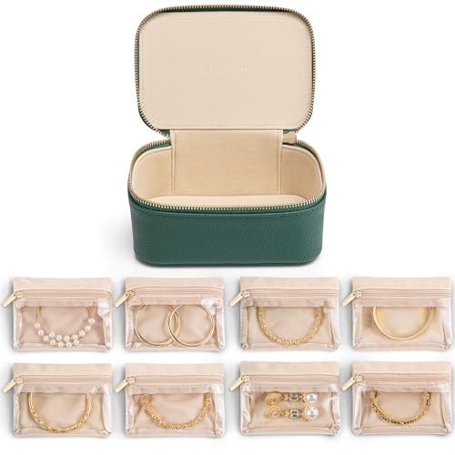 Vlando Jewelry Box with 8 Velvet Jewelry Bags Travel Jewelry Storage Box Petal Hardware Jewelry Organizer for Necklace Rings Earrings Women Gifts for Christmas Birthday-Green