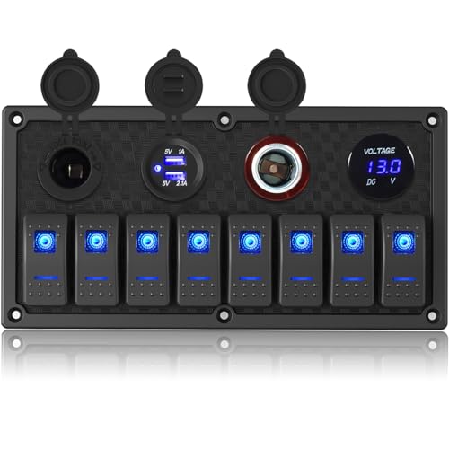 GGTA 8 Gang Marine Boat Switch Panel Waterproof,12V-24volt On-Off Rocker Switch Panel with 3.1A Dual USB Charger, Blue LED Light,15A Fuse Panel for Boat,Also Suitable for Car RV UTV Truck