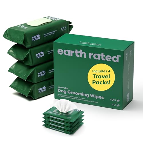 Earth Rated Hypoallergenic Dog Grooming Wipes for at Home & On-The-Go, for Paws, Body & Butt, Includes 4 Travel and Full Sized Packs, 440 Count