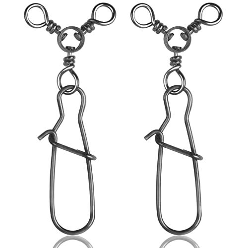 3 Way Snap Swivels Fishing Tackle, 25pcs High Strength T-Turn Fishing Swivels with Snaps Saltwater Fishing Lure Connectors for Trolling Catfish Rig (Size 2#, 75lb)
