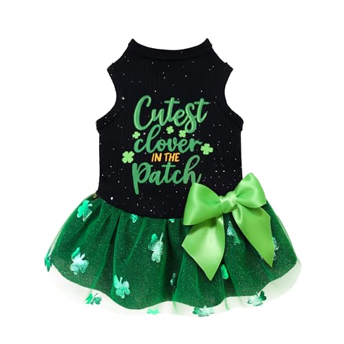 Fitwarm Cutest Clover in The Patch Dog Dress, St Patricks Day Dog Clothes for Small Dogs Girl, Funny Pet Cat Holiday Outfit, Black, Emerald Green, Medium