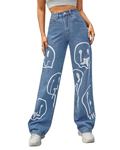 CYGE Loose Jeans for Women Graffiti High Waisted Baggy Plus Size Denim Pants with Pocket,Light Blue,XXL
