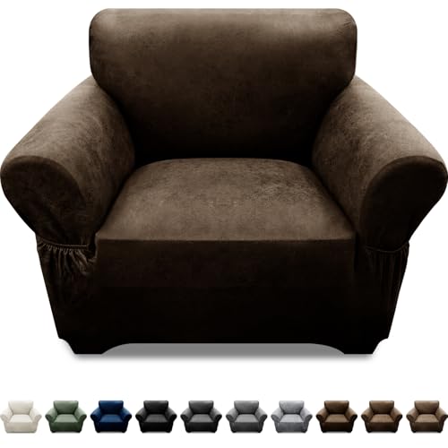 Pfrstuv Single Sofa Cover Leather Look Chair Covers for Living Room 1-Piece Sofa Chair Covers with Arms Stretch Furniture Protector with Elastic Bottom & Pockets(Armchair, Coffee)