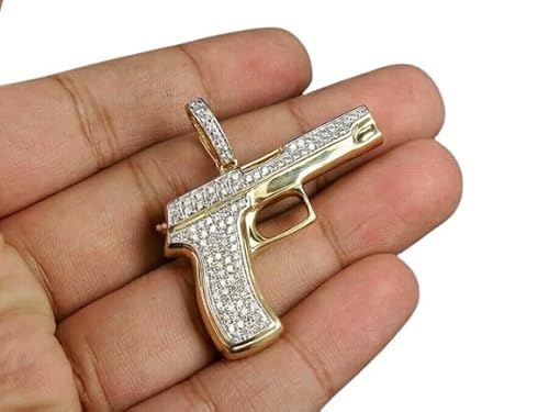 14K Yellow Gold Finish Plated 1 Ct Round Cut Diamond Hand Gun Pendant Charm for Men – Luxury Hip Hop Diamond Gun Pendant, Dazzling Gold Plated Pendant, Fashion Jewelry for Men
