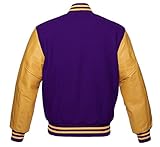 Premium Letterman Baseball School College Bomber Varsity Jacket Purple & Gold Genuine Leather Sleeves (Purple/Gold, XLarge)