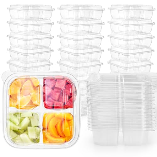 Peohud 50 Pack Clear Bento Snack Containers, 4 Compartment Food Storage Containers, Reusable Meal Prep Containers, Plastic Divided Bento Boxes with Lids for Lunch, Work, Travel