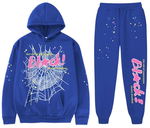 Spider Web Print Hoodie and Sweatpants Set, Y2K Streetwear, Black with Pink Graphics, Oversized Vintage Style (blue, XL)