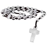 SUNYIK Carved Crystal Cross Pendant Necklace for Women Men Polished Stone Rosary Beads Chakra Necklace with Cross Charm, Rock Quartz