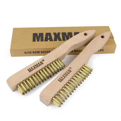 MAXMAN Brass Brush, Heavy Duty Brass Wire Brush Set 2Pcs, Metal Brush, Wire Brushes for Cleaning Rust with 10" Curved Beechwood Handle