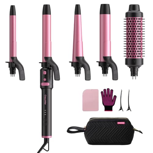 CrazyMar 5-in-1 Rotating Curling Iron Set,Automatic Hair Curler with 5 Ceramic Barrels (3/4,1,1.25 Inch) | Fast Heating, Dual Voltage for Long-Lasting Curl Styling/Beach Wave (Black)