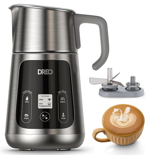 Dreo All-in-1 BaristaMaker Milk Frother, Electric Foam Frother for Latte Art Microfoam and Hot/Cold Coffee, 15oz/450ml Automatic Milk Warmer with 30 Drinks, Dishwasher Safe, Dairy/Plant-Based Milk