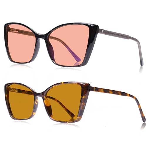 JFXQDR 2 Pack Indoor Fluorescent-41 Rose & Outdoor Fluorescent-60 Brown Cat Eye Tinted Blue Light Blocking Glasses for Migraine, Light Sensitivity, Photophobia & LED Gaming Computer Screen Glare