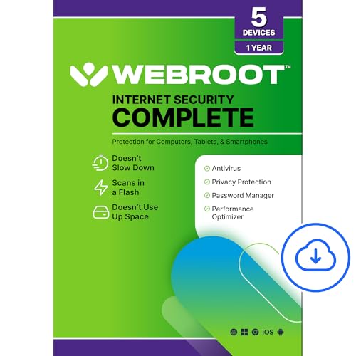 Webroot Internet Security Complete | Antivirus Software 2025 | 5 Device | 1 Year Download for PC/Mac/Chromebook/Android/IOS + Password Manager, Performance Optimizer